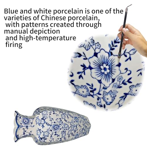 WF Chinese Porcelain Blue and White Vase, Hand-Painted Ceramic Floor Vase for Home Decor, Traditional Oriental Shelf Decor Collectible Figurines (Height: 10")