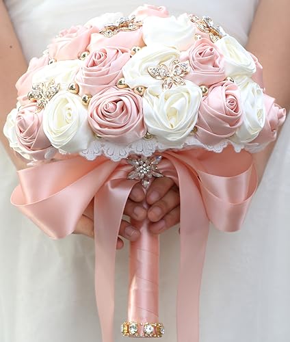 Sharebeauty 8.3" Handmade Satin Rose Bridal Bouquet Toss Round Wedding Bouquet Throw Toss Artificial Flower Bunch Pale Pink + Ivory - color: 809a Pale Pink/Ivory, size: 8.3"/21cm