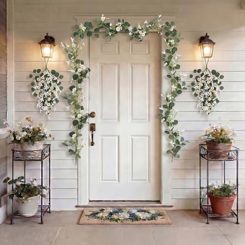 Pinkpum 20'' Eucalyptus Wreath 22'' Daisy Teardrop Swags Set 4 for Front Door Fireplace Hanging Porch Wall Home Window Kitchen Decor Farmhouse Garden Party Indoor Outdoor Summer Spring Fall - color: White Set 3, size: 20''