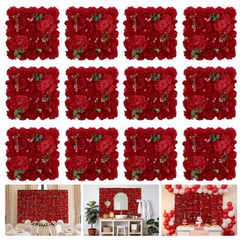 12pcs Artificial Flower Wall Backdrop 16.5x16.5 Inch Bright Red Floral Panel Silk Rose Wall Background Ideal for Wedding Celebrations, Party Backdrops and Elegant Home Decor - color: Bright Red, size: 16.5inch