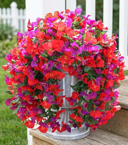 HyeFlora Bougainvillea Artificial Hanging Flowers Plants for Outdoors Decoration, 2pcs Fake Flowers Bougainvillea Vines Realistic UV Resistant Silk Flower for Outside Planter Porch Patio Yard Urn, Mix - color: Purple + Red