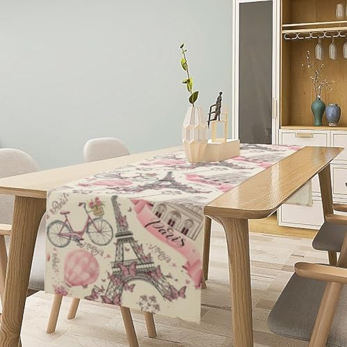 Pink Paris Eiffel Tower Table Runner, Eiffel Tower Dinner Runner for Farmhouse Kitchen Dining Table Holiday Party Decoration 13 x 36 Inch - color: Eiffel Tower_2, size: 13x36inch