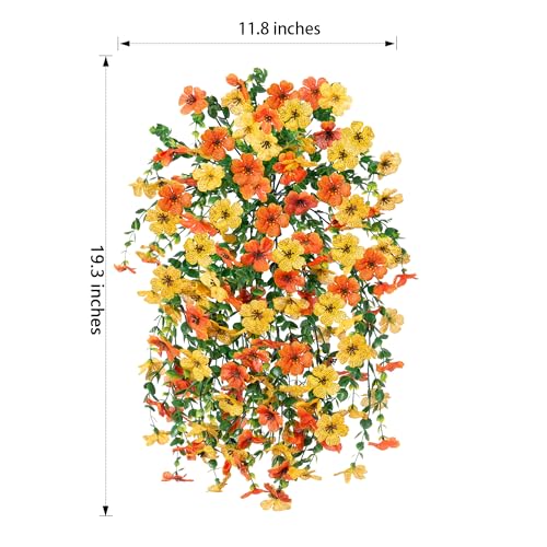 HyeFlora Artificial Flowers for Outdoors Decoration, 2Pcs Fake Hanging Spring Decor, Yellow and Orange Realistic Plants, UV & Fading Resistant Silk Flower for Porch Patio Balcony Planter Yard - color: Orange+yellow
