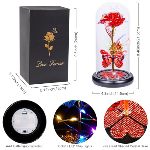 Mothers Day Rose Gifts for Mom Birthday Gift for Women Galaxy Glass Rose in Glass Dome Forever Eternal Crystal Roses with Butterfly Mother's Day Flower Gifts for Women Wife Grandma Daughter Sister Red - color: E Red