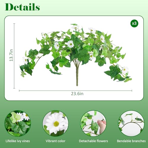 Krissing 3 Pcs Artificial Flowers for Outdoors UV Resistant, Fake Greenery Plants with Daisy Flowers for Outside Planters Porch Window Box Home Decor (White) - color: White, size: 3