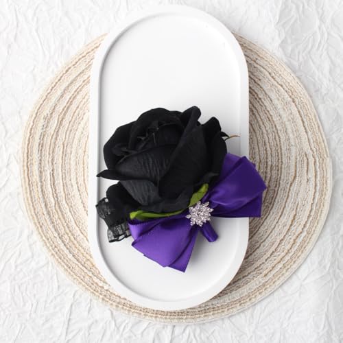 Black Rose Wrist Corsage and Boutonniere Set Rose Corsage Wristlet for Wedding Prom Party Homecoming Decoration Set of 2 (Purple and Black) - color: Purple and Black