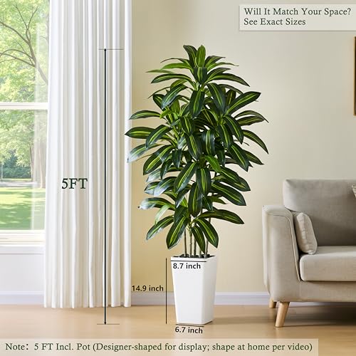 Artificial Dracaena Tree：5FT Faux Silk Tropical Yucca Floor Trees Realistic Fake Green Plant with Natural Wood Trunk & Lifelike Leaves for Home Office Decor Indoor & Outdoor (5FT,1-Pack,White) - color: Dark Green – White Pot, size: 5FT