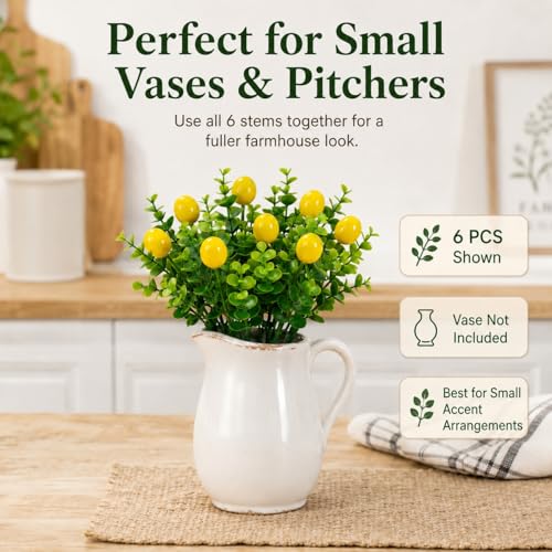 6 Pcs Artificial Lemon Branches Artificial Fruit Lemon Tree Greenery Decoration Faux Lemons Picks for Farmhouse Kitchen Home Table Decor Stem Fruits for Home Spring Summer Decor - color: Yellow
