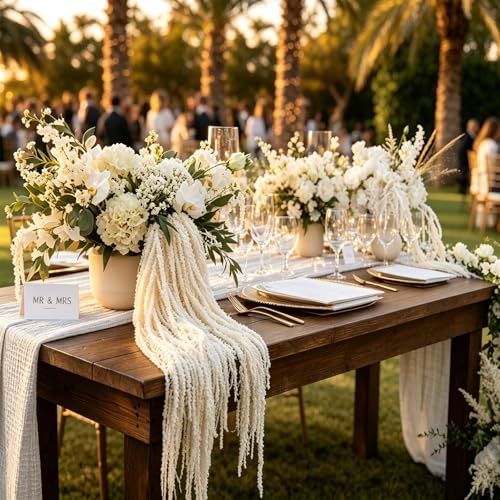 5Pcs Dried Amaranthus Hanging Flowers, 53" Neon Green Preserved Natural Wisteria for Wedding Arch, Table Centerpiece, Wall Hanging Lover Tears, Floral Arrangement (White) - color: White