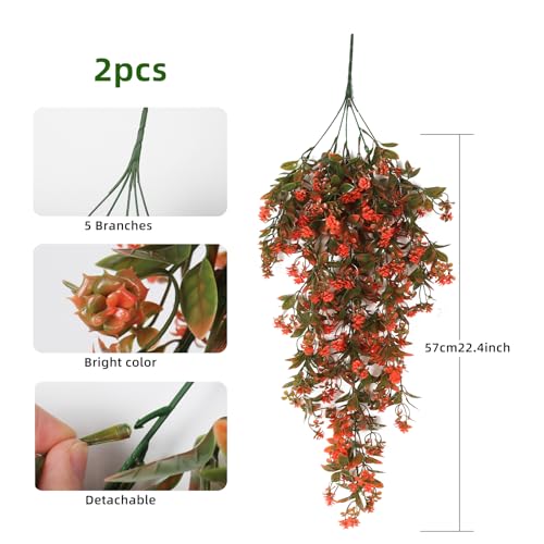 RECUTMS 2Pcs Artificial Fall Hanging Flowers for Outdoors Decoration Fake Fall Flowers Plants Faux UV Resistant Plastic Greenery Vines for Outdoor Garden Front Porch Thanksgiving Decor（Autumn Red） - color: Autumn Red-rose