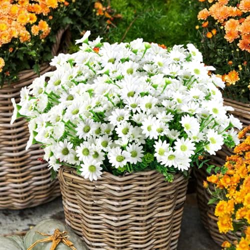 10pcs Outdoors Artificial Mum Flowers UV Resistant Daisy Fake Silk Chrysanthemum Greenery Faux Eucalyptus Plants for Spring Summer Garden Patio Window Box Planter Home Decor(White) - color: White