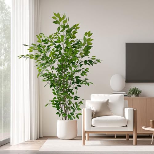 6ft Artificial Ficus Tree with White Plastic Planter | Collapsible trunk structure enables quick assembly and compact space-saving storage - color: Green, size: 6ft