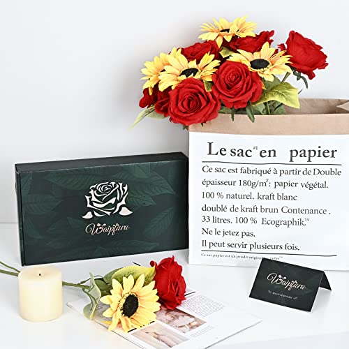 Waipfaru 16 Pcs Fake Roses Sunflowers Artificial Flowers Bulk, Silk Red Roses Yellow Flowers Artificial with Long Stems for Outdoors Wedding Bouquet Vase Flower Arrangement Decoration - color: C-red Rose & Sunflower, size: 16 Pcs