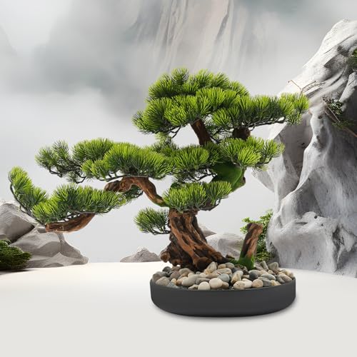 17.7 Inches Artificial Bonsai Tree Desktop Artificial Bonsai Pine Tree Indoor Fake Plants Decor with Metal Pots for Home Table Office Living Room Bedroom Desk Decorations, Green & Brown