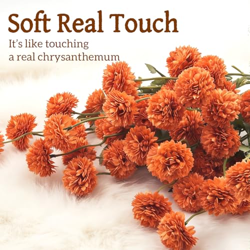 8pcs Orange Fake Flowers Silk Pompon Mum Artificial Flowers,Mini Artificial Chrysanthemums with Stems,Faux Flowers For Vase,for Wedding Centerpieces, flower arrangements, vase fillers, and home decor - color: Orange