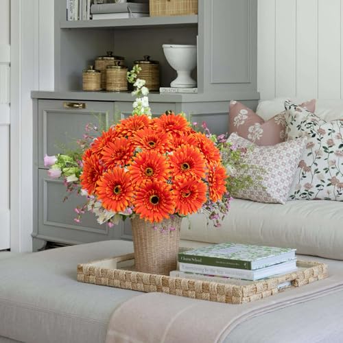 20 Pcs Fake Silk Gerbera Daisy Artificial Flowers with Stems Faux Daisies Flower Bulk for DIY Art Crafts Home Wedding Party Vase Centerpieces Tables Garland Wreath Decoration (Orange) - color: Orange