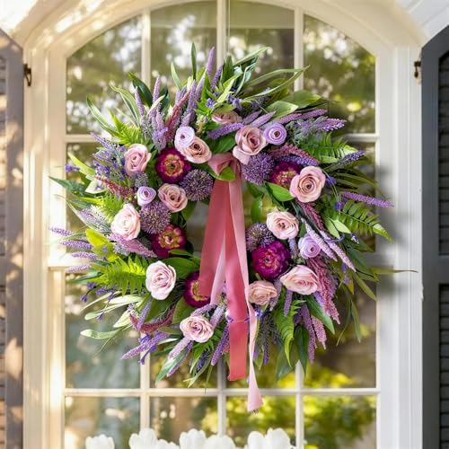 Spring Wreaths for Front Door 24 Inch Luxury Lavender Summer Wreath with Pink Ribbon,Artificial Peony & Rose Spring Door Wreath for Farmhouse Home Wall Porch Window Seasonal Display - color: Lavender