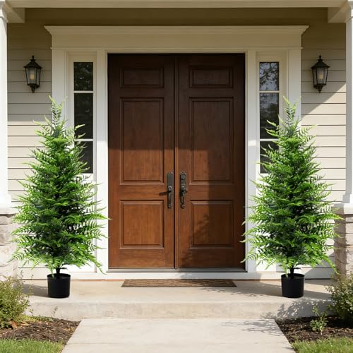 Grooy Artificial 4FT Fern Topiary Trees, Set of 2 Potted Realistic Boston Fern Plants Shrub, Fake UV Resistant Evergreen Bushes Tree for Porch Garden Indoor Outdoor Decor - color: Green Fern Tree