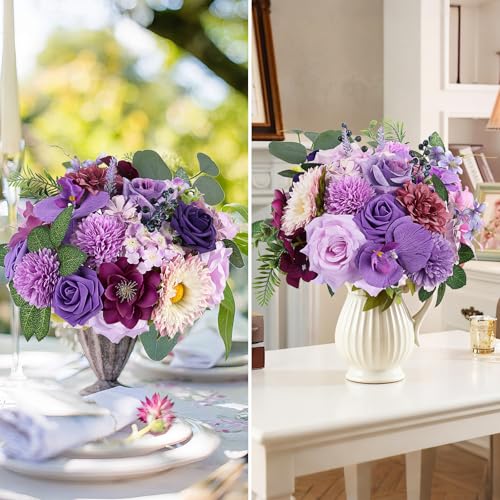Fake Flowers Artificial Flowers Peonies Bulbous Chrysanthemum Daisy Hydrangea Sunflower Violets Dahlia Daffodils Epiphyllum Orchid Cherry Blossom Camellia Leyaron Floral Arrangements (Purple&Pink) - color: Royal Purple