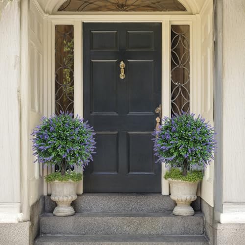 AOKIIE 24" Artificial Boxwood Topiary Bushes UV Resistant for Outdoor 2PCS | Artificial Shrubs with Ground Spike, Fake Outdoor Plants with Lavender for Indoor & Outdoor Garden, Yard, Porch, Patio - color: Lavender-boxwood