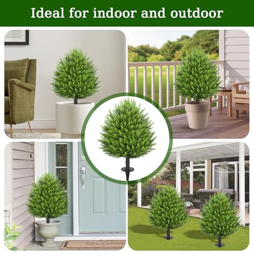 31" Artificial Cedar Topiary Ball Trees with Ground Spike,2 Pack Fake Bushes Shrubs Pine, UV Resistant Faux Evergreen Cypress Tree Plants for Indoor Outdoor Planters Front Porch Garden Decor