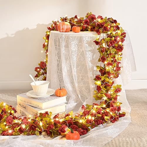 BLEUM CADE 5Pcs 41Ft Flowers Garland Artificial Rose Vines with 32.8Ft String Lights, Cute Fake Hanging Flower Vines Floral Garland Decorations for Wedding Party Wall Room Decor Aesthetic - color: Burgundy Red With Lights, size: 5 Pcs