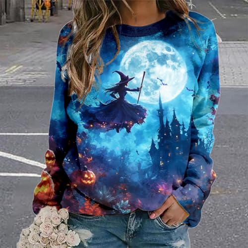 MARSVOVO Witch Sweatshirts For Women Novelty Halloween Witch Print Spooky Season Fashion Party Long Sleeve Fall Tops - color: A Blue, size: 3X-Large