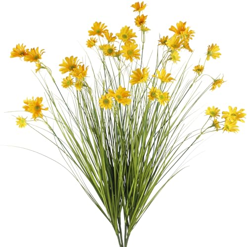 4 Pcs Artificial Plants Onion Grass Outdoor 37" Fake Tall Grass with Daisy Wildflowers Yellow Artificial Wheat Grass Faux Shrubs Bush Greenery Stems for Indoor Garden Outside Office Home Decor - color: 4 Pcs-yellow Flowers