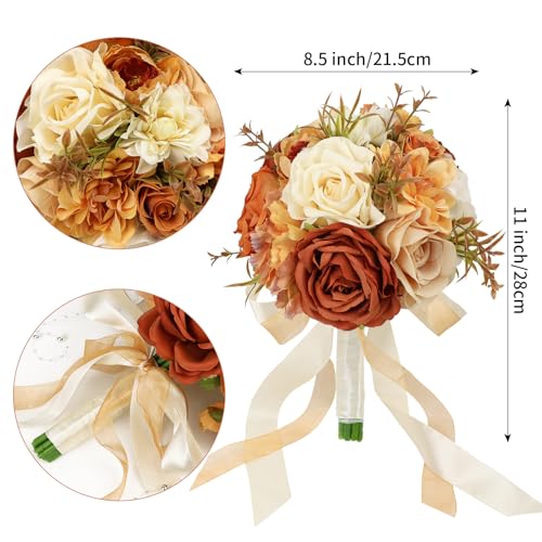 Wedding Bouquets for Bride Bridesmaid 8.5 Inch Burnt Orange Artificial Roses Fall Flowers Bridal Bouquets for Bride Autumn Wedding Marriage Proposal Party Thanksgiving Church Decoration - color: Orange