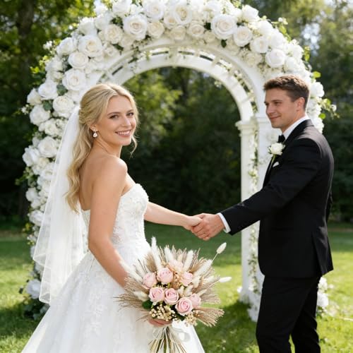 Dried Pampass Fake Roses Bouquet Fluffy Dried Feather with Reeds Bunny Tails Baby Breath Artificial Flowers for Wedding Bride's Bouquet Home Livingroom Pink Boho Decor Table Centerpieces