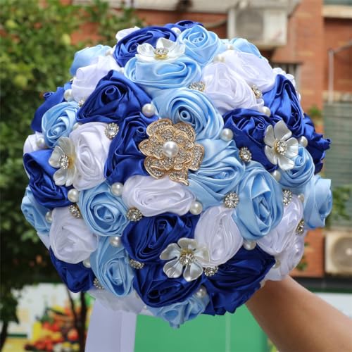 MaxxCloud 7.1‘’ Handmade Romantic Toss Bouquet for Bride Stunning Bridesmaid Brooch Wedding Bouquet with Jewelry Petals 2 Blue and White - color: 2 Blue+white, size: 7.1''/18cm