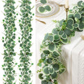 Betylifoy 2 Pcs Artificial Eucalyptus Garland 12FT Faux Silver Dollar Eucalyptus Leaves Garlands Hanging Vines Fake Greenery Garland with Flowers for Wedding Party Table Runner Home Mantle Decor - size: 2pcs