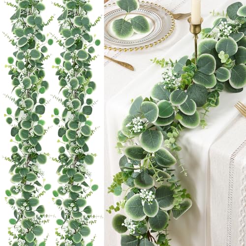 Betylifoy 2 Pcs Artificial Eucalyptus Garland 12FT Faux Silver Dollar Eucalyptus Leaves Garlands Hanging Vines Fake Greenery Garland with Flowers for Wedding Party Table Runner Home Mantle Decor - size: 2pcs