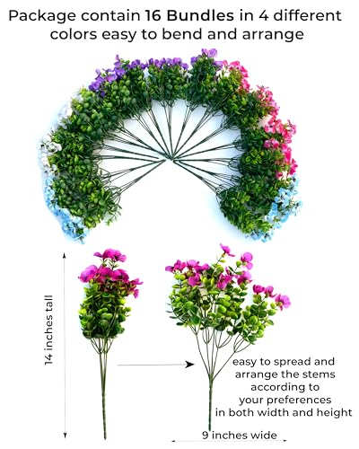 AXYLEX Artificial Flowers Outdoor Shrubs - 16 Bundles Fake Plants UV Resistant No Fade Faux Plastic Greenery Home Garden Porch Decoration Indoor (1, Multi 16-5) - color: 16pcs - Blue+white+magenta+pink