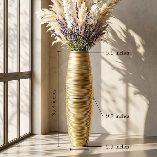Large Floor Vase 35.4" Gloss Gold, Resin Wide-Body Vase with Horizontal Ribbed Texture for Dried Pampas Grass Branches, Modern Home Decor for Living Room Corner Entryway - color: Gold, size: 35.43 in