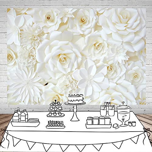 7x5ft White Roses Wall Photography Backdrop Wedding Bridal Shower Baby Shower Party Decoration White Roses Flowers Wall Art Photo Background Studio Photo Booth Props Vinyl