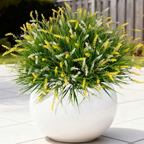 Ammyoo Artificial Faux Plants for Outdoor Spring Decoration, 12 Pcs Fake Monkey Grass for Garden Porch Balcony Planters, Fake Flowers Shrubs UV Resistant No Fade Plants Greenery Bush(Yellow White) - color: Yellow White, size: 12 Pcs