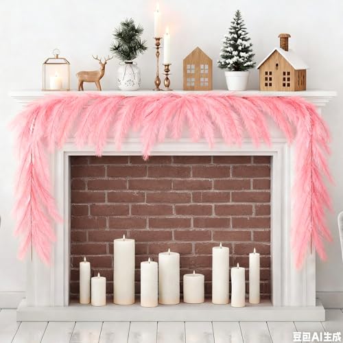 6 Ft Christmas Tree Garland Decoration Pink Pampas Grass Garland Artificial Faux Fabric Feathers Wreath for Mantle Xmas Tree Home Farmhouse Christmas Holiday Party Supplies - color: Pink, size: 6 Ft