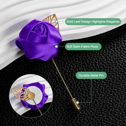 M METERXITY 48-Pack Flower Lapel Pins for Men, Golden Leaf Rose Boutonnieres Pin Groom Boutonnieres for Wedding/Dance/Party, Men Lapel Pins for Suits Satin Flower Corsage [Deep Purple] - color: Deep Purple