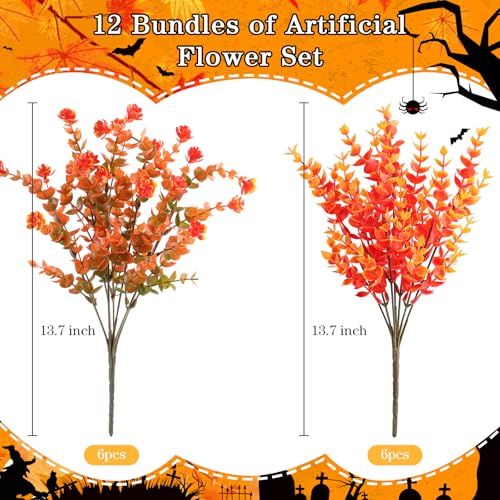 AGIRL 12 Bundles Artificial Fall Flowers Outdoor Indoor Decoration,No Fade Autumn Fake Plastic Plants with Eucalyptus Leaves,Faux Mums for Thanksgiving Garden Front Door Porch Patio Fall Decor - color: Orange Eucalyptus, size: 12