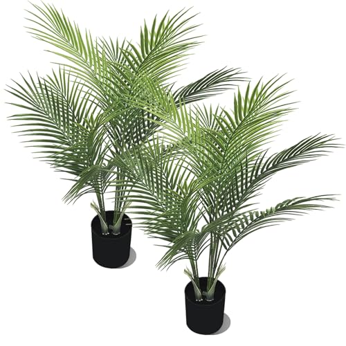 Artificial Palm Plant 2.7FT Fake Palm Tree with 12 Trunks Perfect 32 inch Faux Tropical Palm Plants in Pot for Indoor Outdoor House Home Office Garden Modern Decor Housewarming Gift (2Pack) - size: 2.65FT