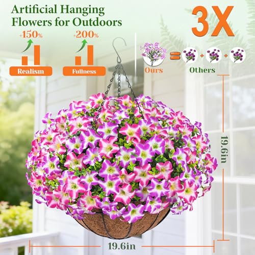 Realistic Artificial Hanging Flowers for Outdoors with Basket, 2 Set Large Size UV Resistant Artificial Outdoor Flowers, Full Faux Outdoor Flowers Fake Hanging Flowers for Porch, Front Door, Garden - color: Purple Red+rose Red, size: 2 Set