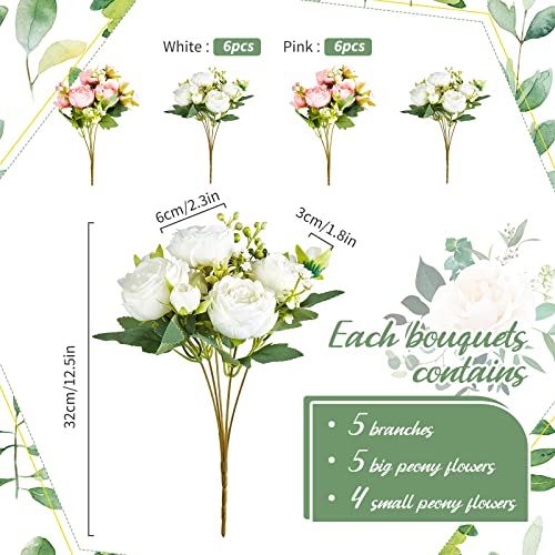 Jexine Artificial Peonies Flowers Bouquet Silk Faux Peony Fake Peonies Artificial Flowers Bouquets for Vase Floral Arrangements Wedding Home Table Decoration(White, Pink,12 Bundles) - color: White, Pink