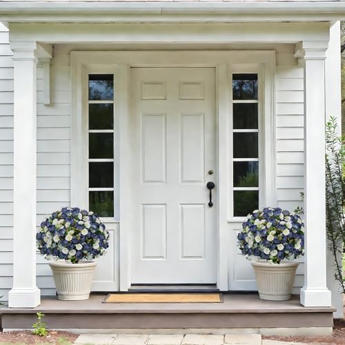 24" Artificial Potted Flowers for Outdoor, Faux Navy Blue Peony | Set of 2 UV Resistant Silk Fake Outdoor Plants & Flowers in Cement Pots for Outside Front Porch Home Indoor Decor - color: Vintage Blue, size: 24" Luxury Peony