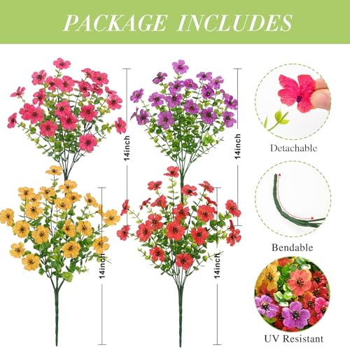 Waipfaru Artificial Flowers for Outdoors, 24 Bundles Faux Plants Outdoor, UV Resistant Artificial Plants Outdoor, Silk Fake Artificial Flowers for Outside Home Decor Planter Porch Patio Decoration - color: Red&yellow&purple&purple-red, size: 24 Bundles