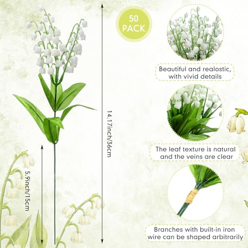 Hanaive 50 Pcs Artificial Lily of The Valley Bridesmaids Artificial Lilies 14.17 Inch Faux Lily of The Valley Flower Bulk Chimes Orchid White Bell Flower Bouquet for Wedding Arrangement Bride Party