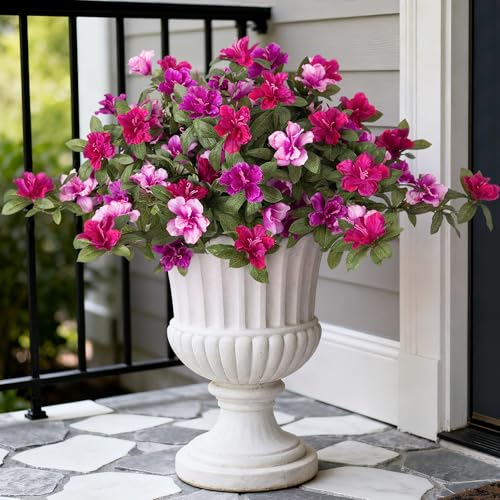 Ammyoo Artificial Fake Azalea Flowers for Outdoor Spring Decoration, Faux Silk Flower for Summer UV Resistant Look Real Plants for Garden Yard Porch Walkway Indoor Decor, 2PCS - color: Purple-red Pink Lotus