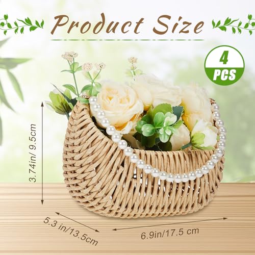 Taiyin 4 Pcs Rattan Flower Girl Basket with Pearl Handle 7 x 5 x 4 Inches Small Half Moon Wicker Basket for Wedding Flower Girl Picnic Garden Storage and Home Decor (Light Brown) - color: Light Brown