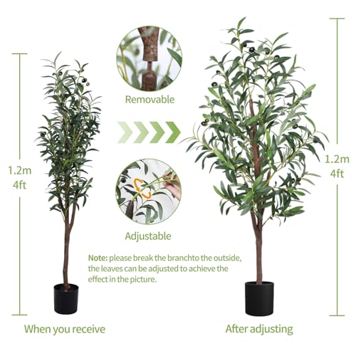 Artificial Olive Tree, 4FT Tall Faux Olive Trees 48in Outdoor Fake Potted Silk Plant with Trunk and Realistic 436 Leaves and 16 Fruits for Modern Office Home Decor（1pack） - color: 1pack, size: 4ft