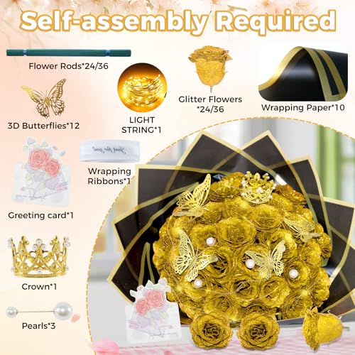 Gold Glitter Roses Bouquet, 24 Pcs Shiny Glitter Flowers Bouquet, Everlasting DIY Artificial Roses Bouquet for Christmas, Birthday, Anniversary, Wedding, Engagement - color: Gold-a, size: 24 PCS